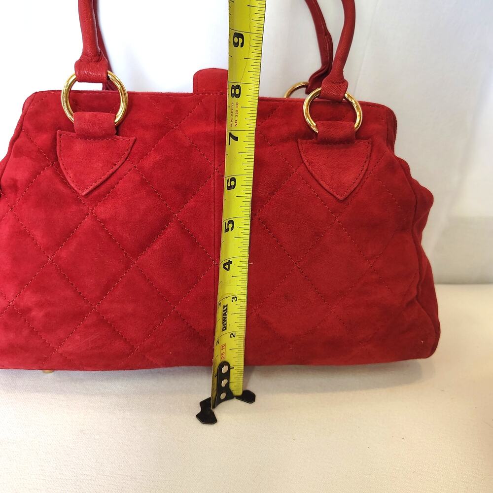 Vintage Red Quilted Suede Leather Satchel Handbag Gold Hardware Top Handle Purse - Picture 11 of 16